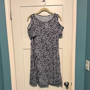 Navy and White Leaf Print Dress